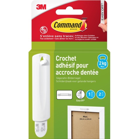 Command accroche tableau pour crochet avec dents de scie, capacité 2 kg, blanc, sous blister