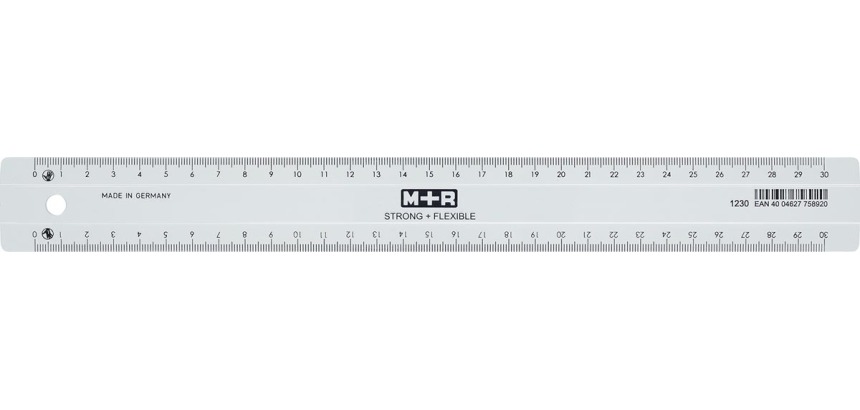 M+R Strong & Flexibel latte, avec échelle de mesure pour droitiers et gauchers, 30 cm, transparent