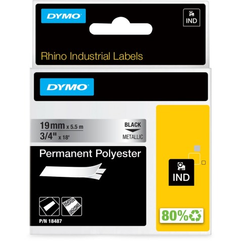 Dymo RHINO tape permanent polyester 19 mm, zwart op metaal