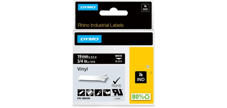 Dymo RHINO ruban vinyl 19 mm, blanc sur noir