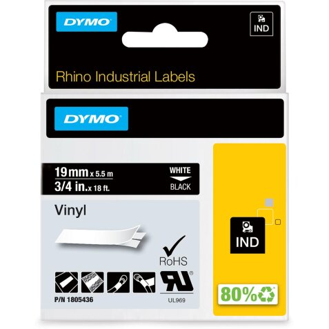 Dymo RHINO vinyltape 19 mm, wit op zwart