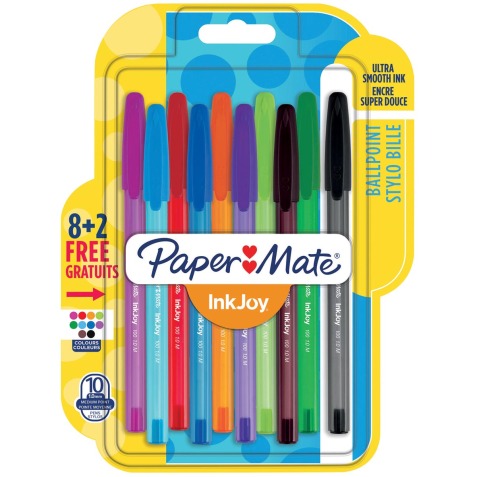 Paper Mate stylo bille InkJoy 100 avec capuchon, blister 8 + 2 gratuit