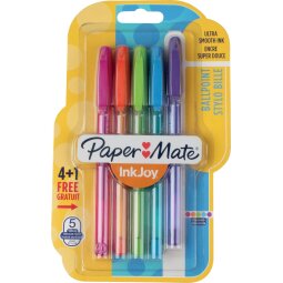 Paper Mate balpen InkJoy 100 met dop, blister met 4 stuks in geassorteerde fun kleuren