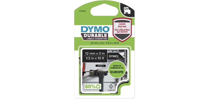 Dymo D1 durable tape 12 mm x 3 m, white on black