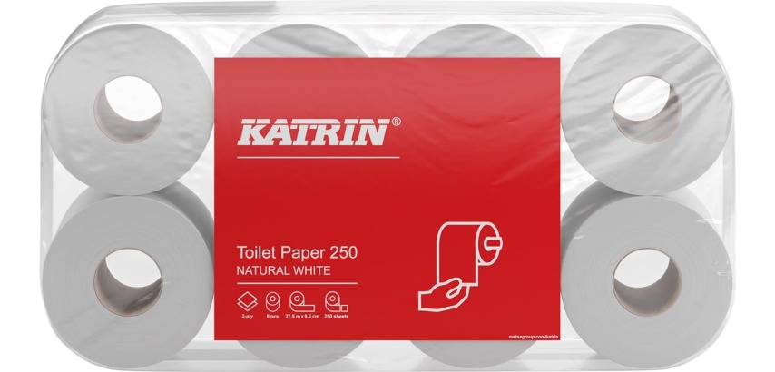 Katrin toilet paper, 2-ply, 250 sheets, pack of 8 rolls