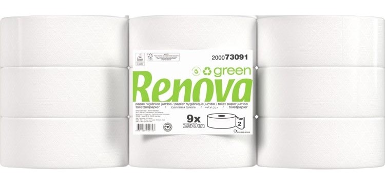 Renova Green jumbo toilet paper, 2-ply, 250 m, pack of 9 rolls