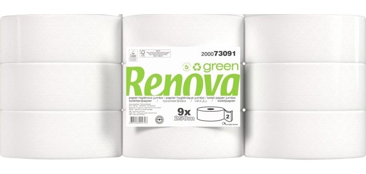 Renova Green toiletpapier Jumbo, 2-laags, 250 meter, pak van 9 rollen