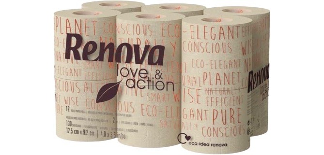Renova Love & Action papier toilette, 2 plis, 130 feuilles, paquet de 108 rouleaux