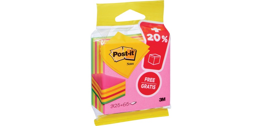 Post-it Notes Würfel, ft 76 x 76 mm, Neon, Block mit 325 + 65 Blättern, in Blisterpackung