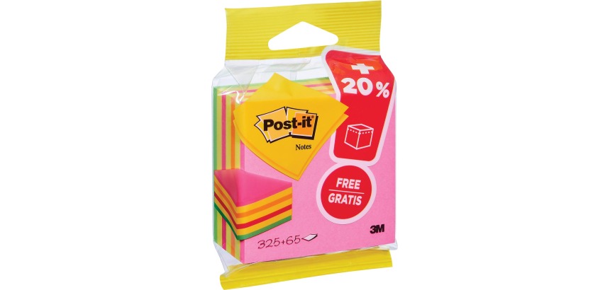Post-it Notes cube, 76 x 76 mm, Neon, block of 325 + 65 sheets, blister pack
