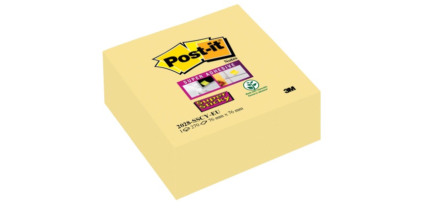 Post-it Super Sticky notes cube, 270 sheets, 76 x 76 mm, yellow