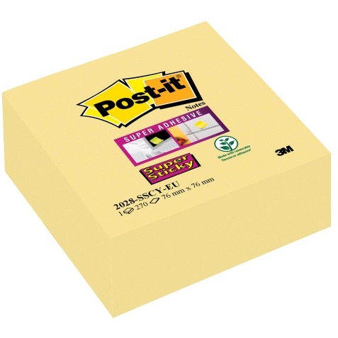 Post-it Super Sticky notes cube, 270 feuilles, ft 76 x 76 mm, jaune