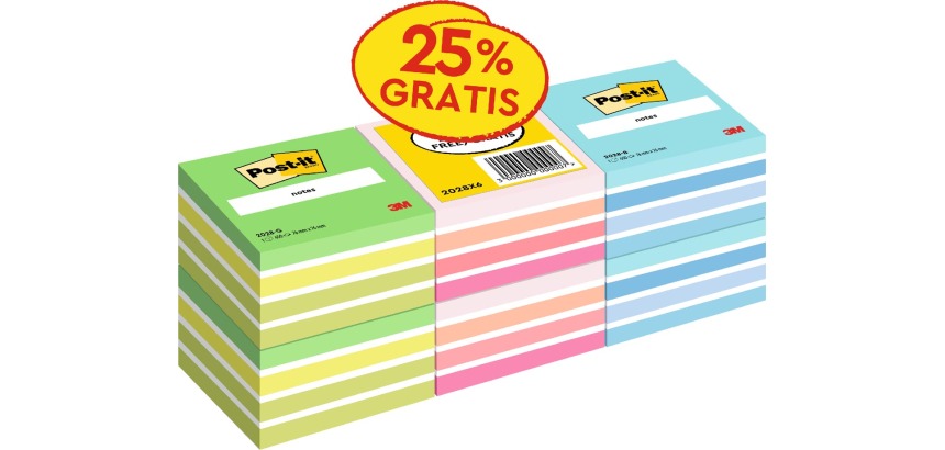Post-it Notes cube, 450 sheets, 76 x 76 mm, promotional pack of 6 cubes in assorted colors