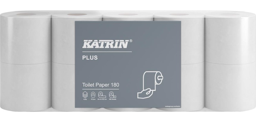 Katrin Plus toilet paper, 4-ply, 180 sheets per roll, pack of 10 rolls