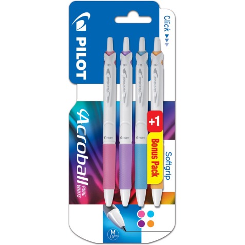 Pilot balpen Acroball Pure White, blister van 3 + 1 gratis, in vrolijke kleuren