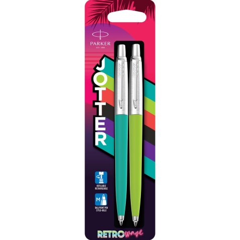 Parker Jotter Originals stylo bille 80'S Retro Wave, blister de 2 pièces (vert et bleu)