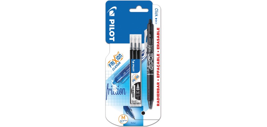 Pilot gelroller Frixion Ball Clicker, blister van 4 stuks (1 gelroller + 3 vullingen), zwart