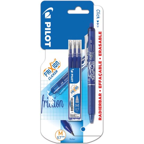 Pilot Frixion Clicker roller à encre gel, blister de 4 pièces (1 roller à encre gel + 3 recharges), bleu