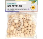 Folia houten parels, natuur, blister van 84 stuks in geassorteerde maten