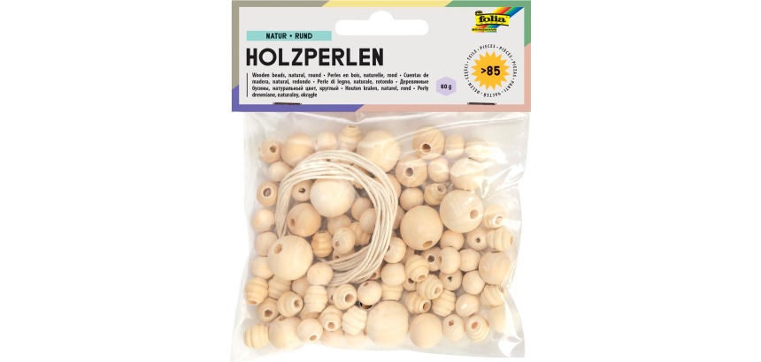 Folia Holzperlen, natur, Blisterpackung mit 84 Stück in verschiedenen Größen
