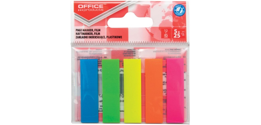 OFFICE products index, 12 x 45 mm, sachet suspendu de 5 x 25 pièces, couleurs assorties