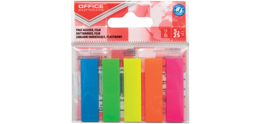OFFICE products index, 12 x 45 mm, sachet suspendu de 5 x 25 pièces, couleurs assorties