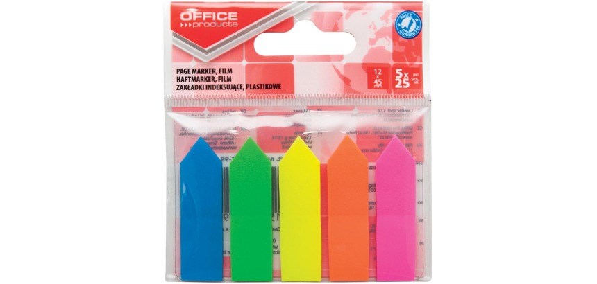 OFFICE products index pijltjes, 12 x 45 mm, ophangzakje van 5 x 25 tabs, geassorteerde kleuren