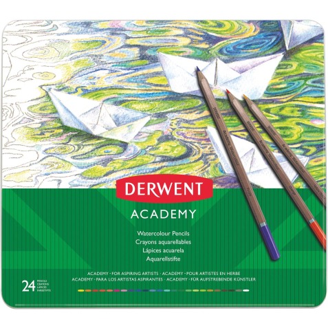 Derwent crayon aquarellable Academy , boîte métallique de 24 pièces en couleurs assorties