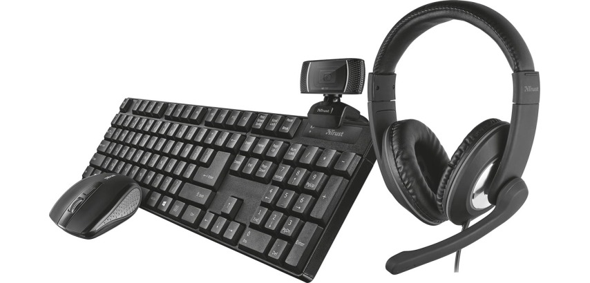 Trust Qoby 4-in-1 Home Office Set with webcam, headset, keyboard (AZERTY), and mouse
