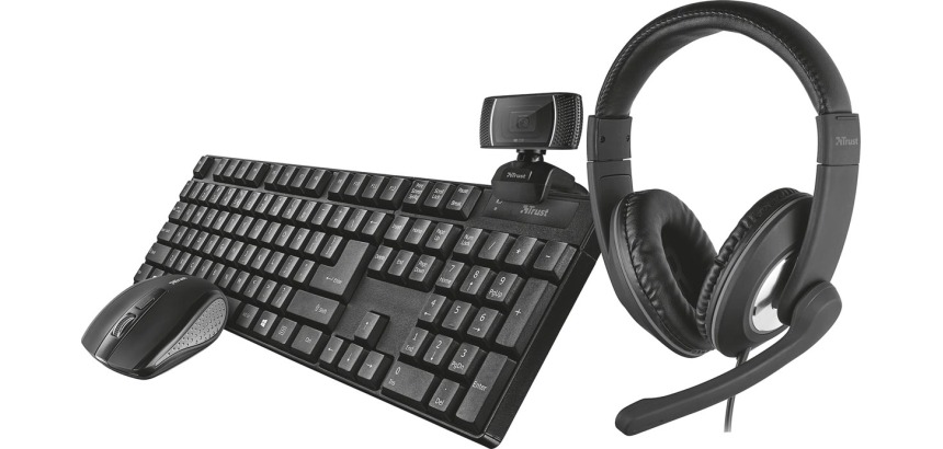 Trust Qoby 4-in-1 Home Office Set avec webcam, micro-casque, clavier (azerty) et souris