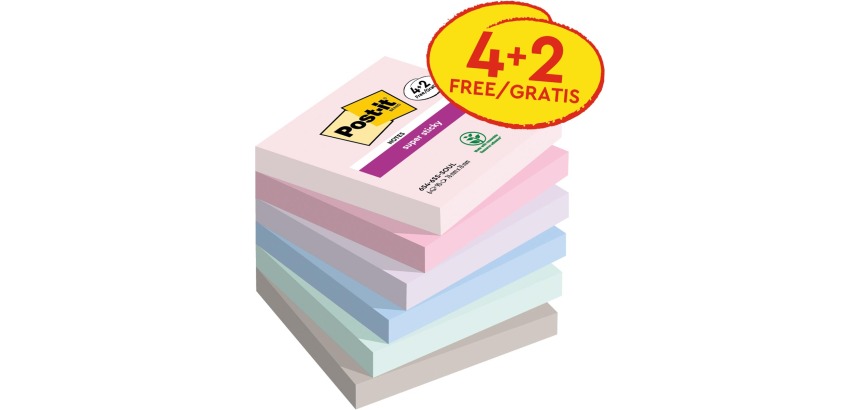 Bloc-mémos 3M Post-it 654 Super Sticky 76x76mm Soul 4+2 gratuits