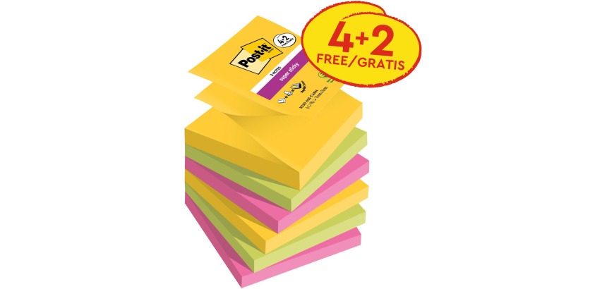 Post-it Super Sticky Z-notes Carnival, 90 vel, ft 76 x 76 mm, 4 + 2 GRATIS