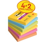 Bloc-mémos Post-it 654 Super Sticky 76x76mm Carnaval 4+2 gratuits