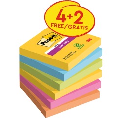 Bloc-mémos Post-it 654 Super Sticky 76x76mm Carnaval 4+2 gratuits