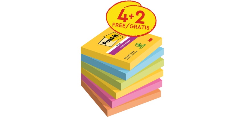 Post-it Notes 654 Super Sticky 76x76mm Carnival 4+2 Free