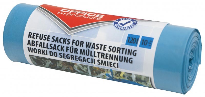 OFFICE products garbage bag, LDPE, 35 microns, 120 liters, blue, roll of 10 pieces