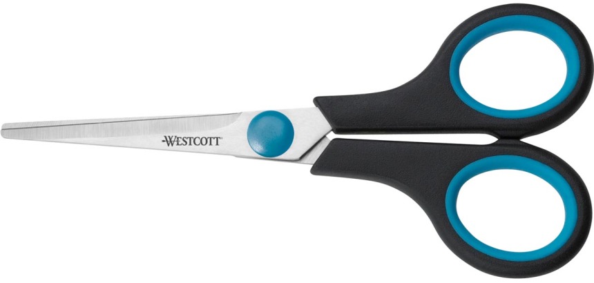 Westcott Schere Softgrip, 14 cm, rechts und links, spitze Enden, Edelstahl, blau/schwarz, Blisterpackung mit 1 Stück