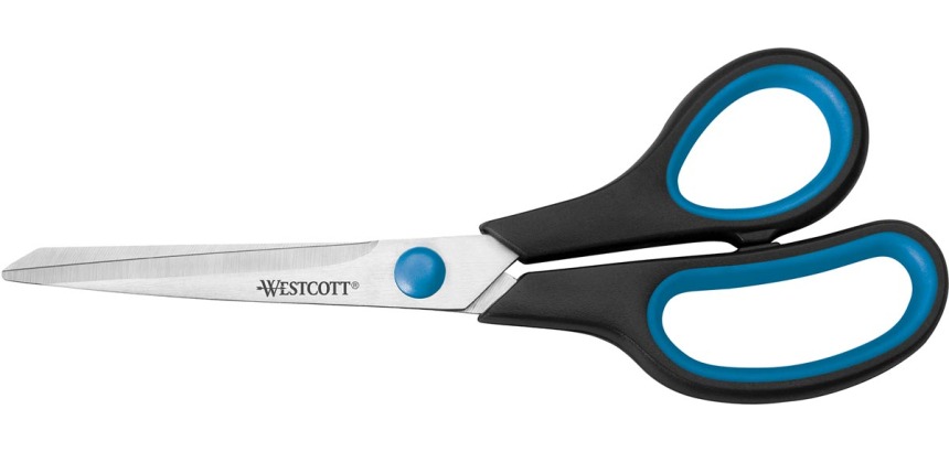 Westcott ciseaux Easygrip, ft 20,4 cm, droite en gauche, bouts pointus, inox, bleu/noir, blister de 1 piè
