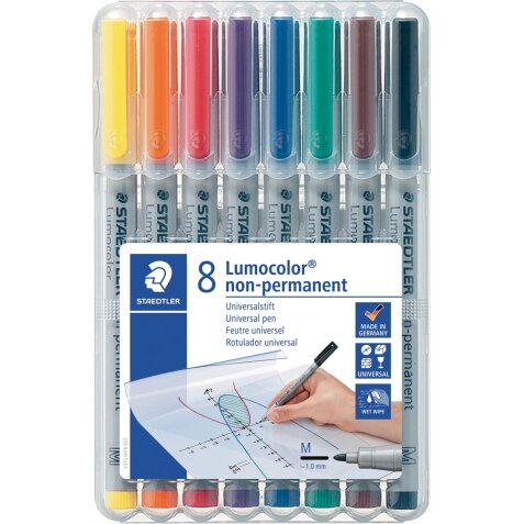 Staedtler Lumocolor 315, marqueur OHP, non permanent, 1,0 mm, box de 8 pièces en couleurs assorties