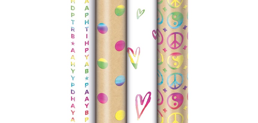 Rainbow wrapping paper, 70 cm x 1.5 m, 4 different patterns