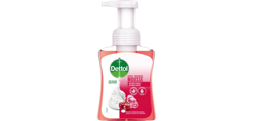 Dettol handzeep mousse, roos- en kersenbloem, flacon van 250 ml