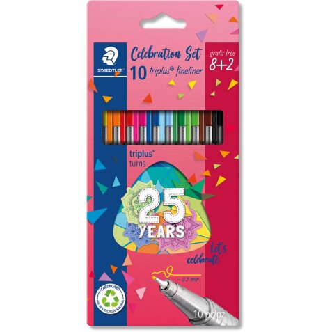 Staedtler fineliner Triplus, set de 10 fineliners (8+2), couleurs assorties