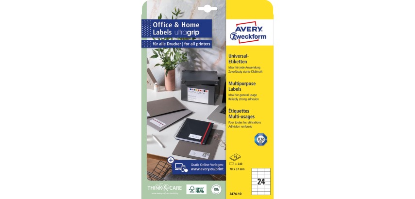 Avery Zweckform universele etiketten, 70 x 37 mm, wit, permanent klevend, 240 etiketten, 10 vellen