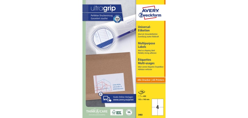 Etiquette Avery Zweckform 3483 105x148mm A6 blanc 400 pièces