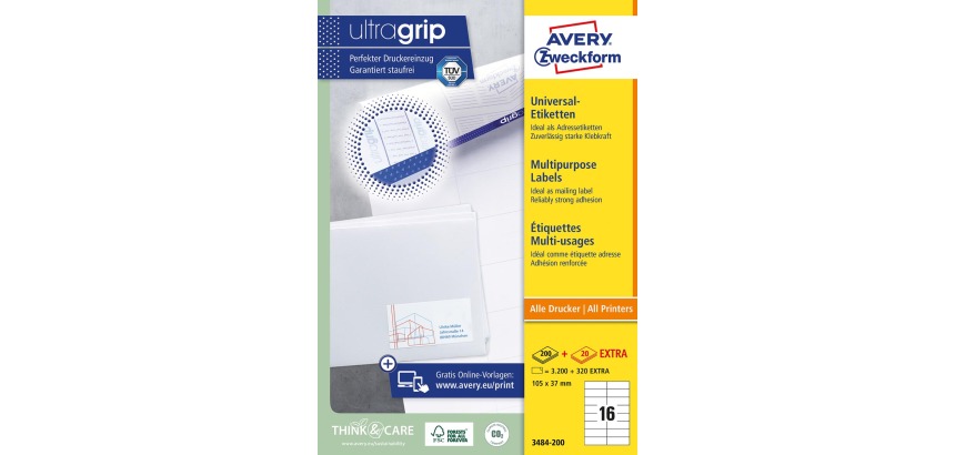 Etiquette Avery Zweckform 3484 105x37mm blanc 3200 pièces