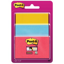 Post-it Super Sticky notes, 45 vel, 3 formaten, geassorteerde kleuren , op blister