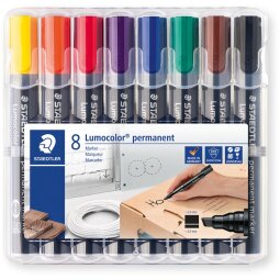 Staedtler Lumocolor 350, marqueur permanent, pointe biseautée, 2 - 5 mm, étui de 8 pièces en couleurs ass