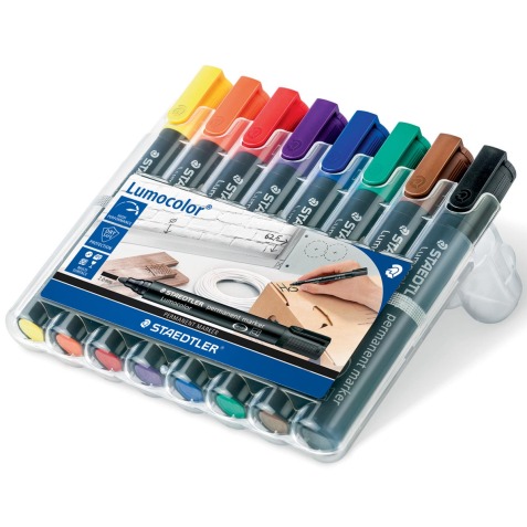 Staedtler Lumocolor 352, permanent marker, ronde punt, 2 mm, etui van 8 stuks in geassorteerde kleuren