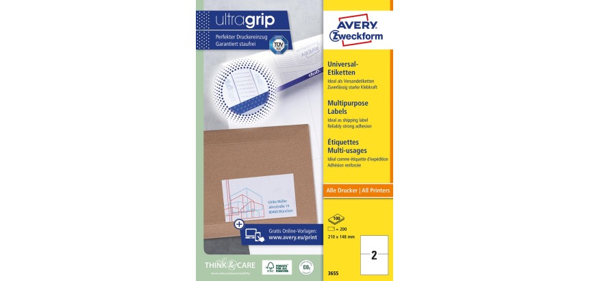 Etiket Avery 3655 210x148mm A5 wit 200 stuks