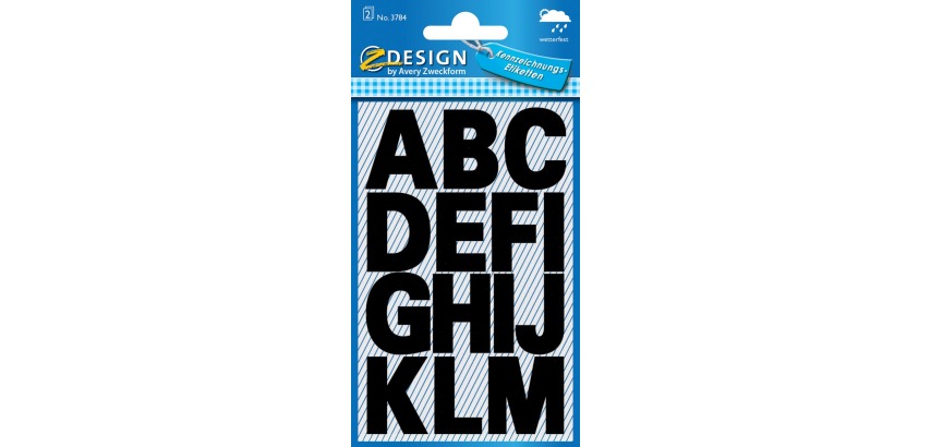 Avery etiketten letters A-Z groot, 2 blad, zwart, waterbestendige folie